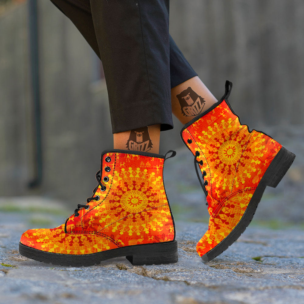 Warli Tribal Ancient Indian Print Leather Boots-grizzshop