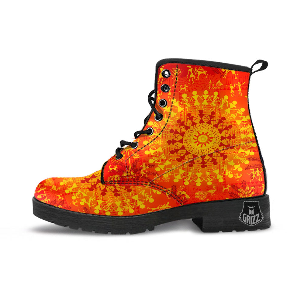 Warli Tribal Ancient Indian Print Leather Boots-grizzshop