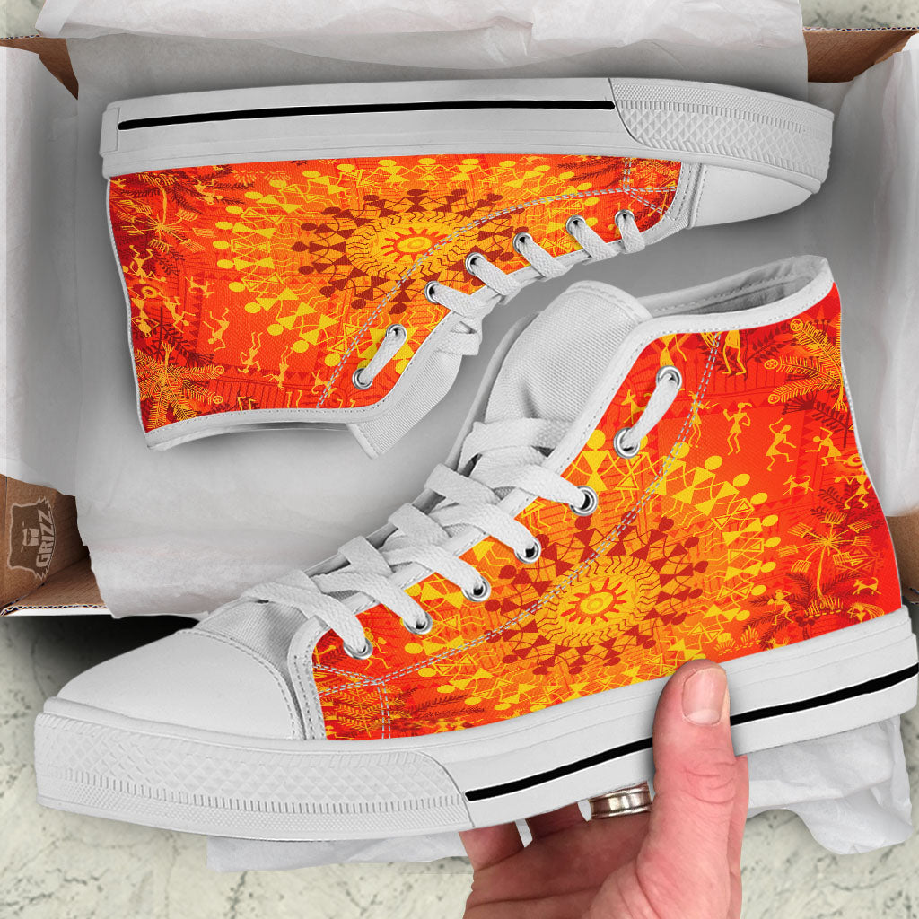 Warli Tribal Ancient Indian Print White High Top Shoes-grizzshop