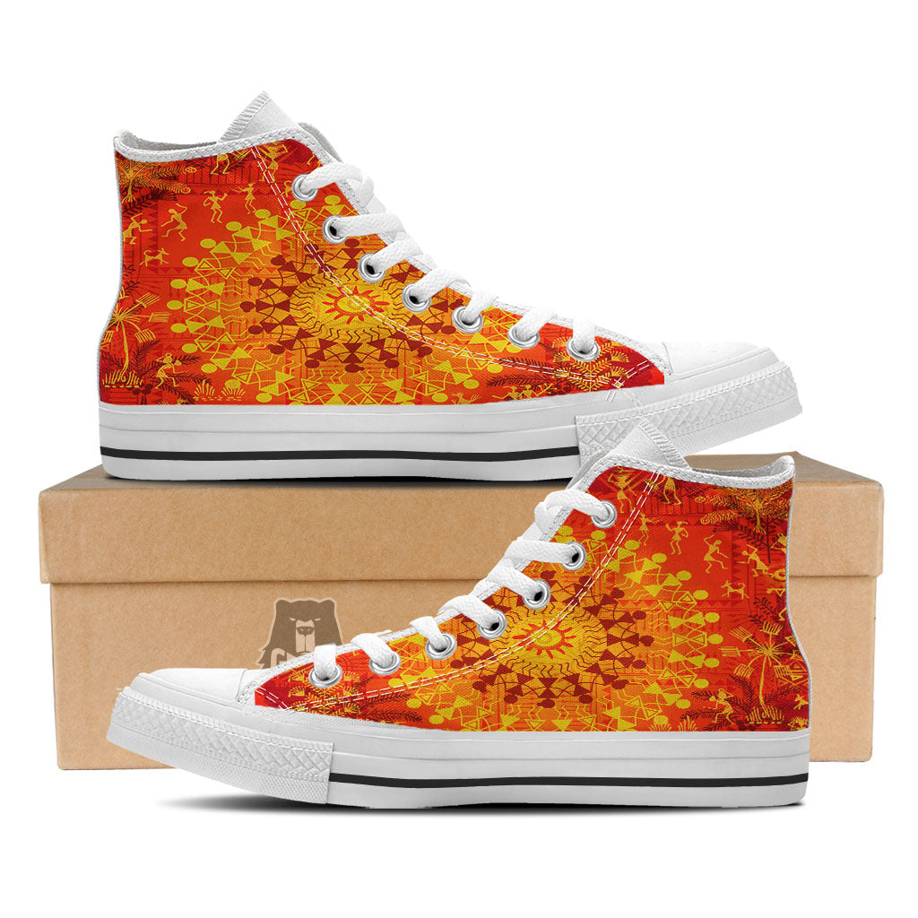 Warli Tribal Ancient Indian Print White High Top Shoes-grizzshop