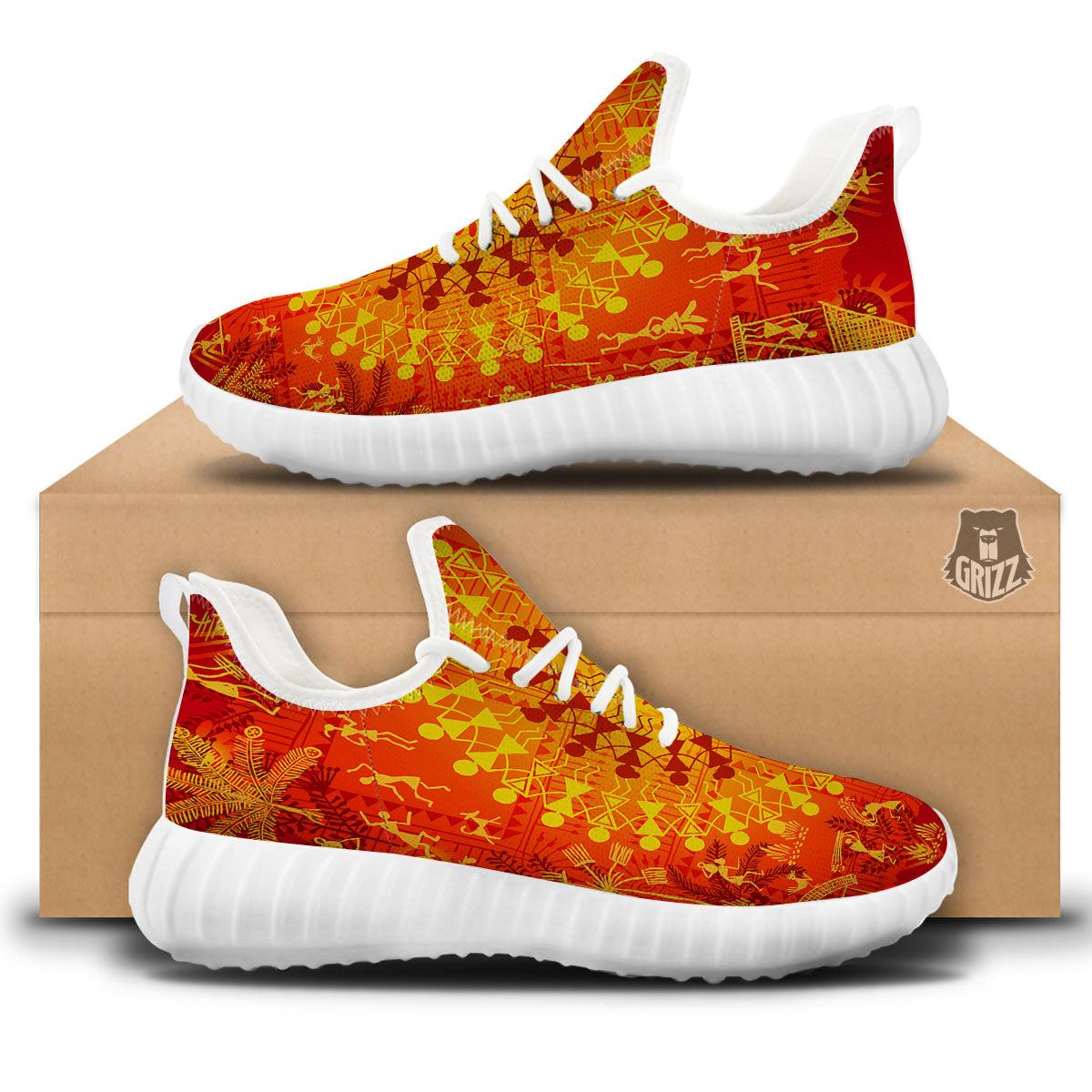Warli Tribal Ancient Indian Print White Walking Shoes-grizzshop