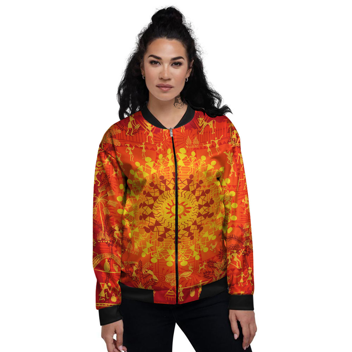 Warli Tribal Ancient Indian Print Women's Bomber Jacket-grizzshop