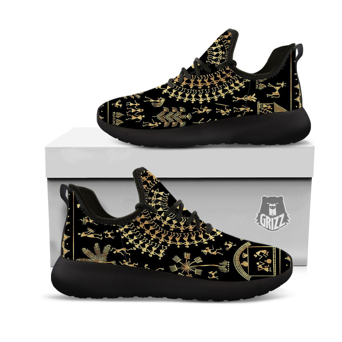 Warli Tribal Gold And Black Print Black Athletic Shoes-grizzshop