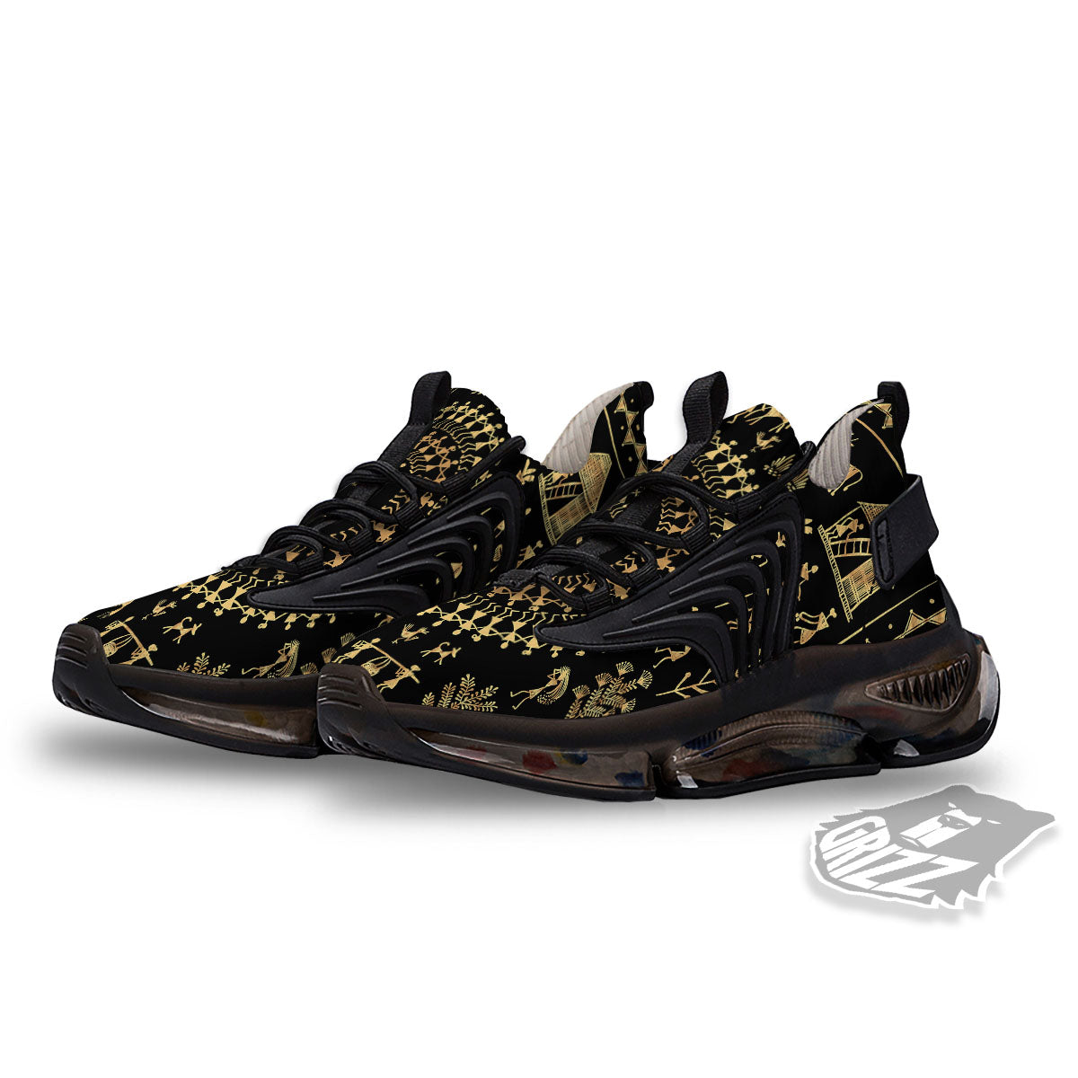 Warli Tribal Gold And Black Print Black Gym Shoes-grizzshop