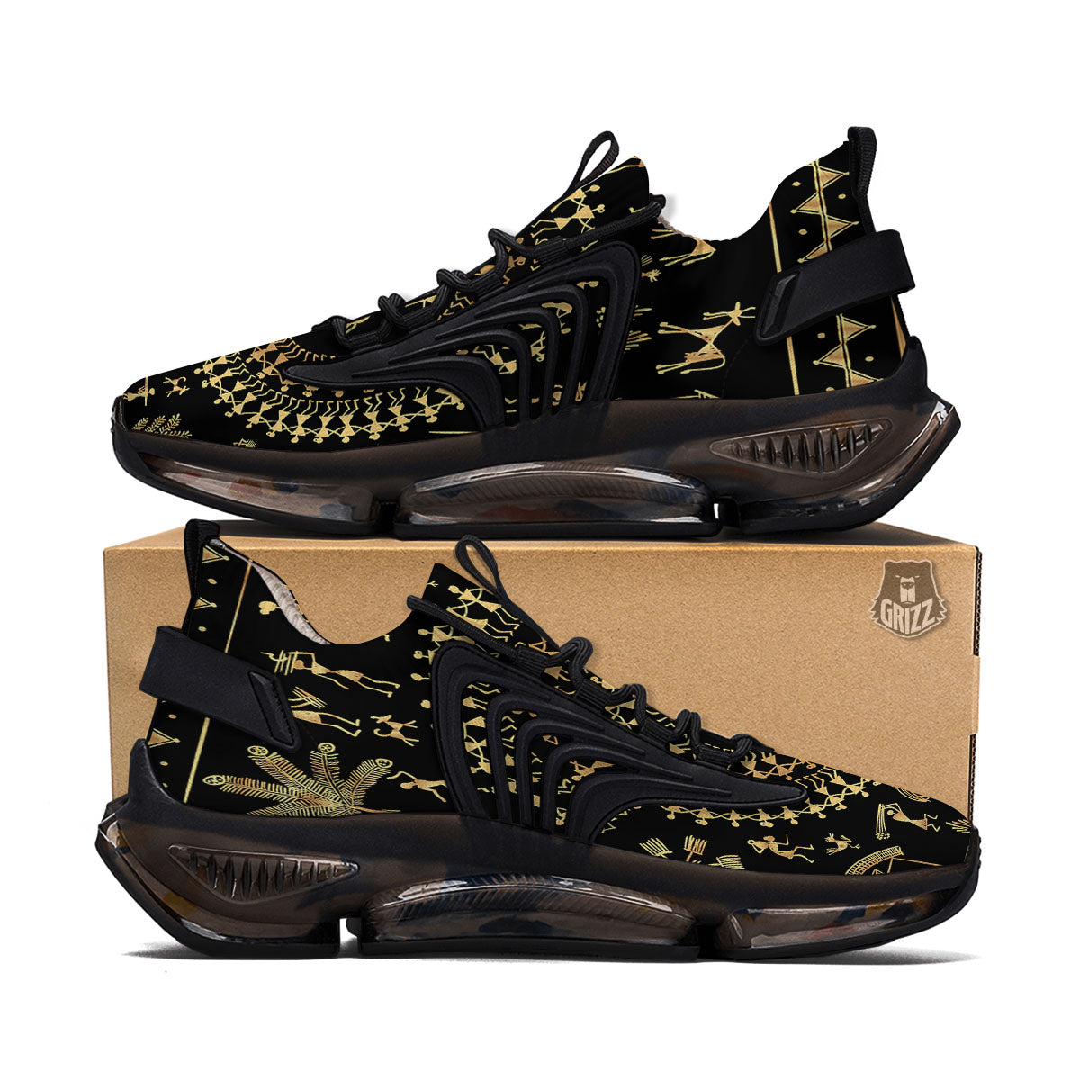 Warli Tribal Gold And Black Print Black Gym Shoes-grizzshop