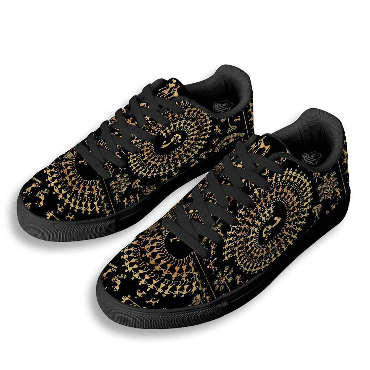 Warli Tribal Gold And Black Print Black Low Top Sneakers-grizzshop