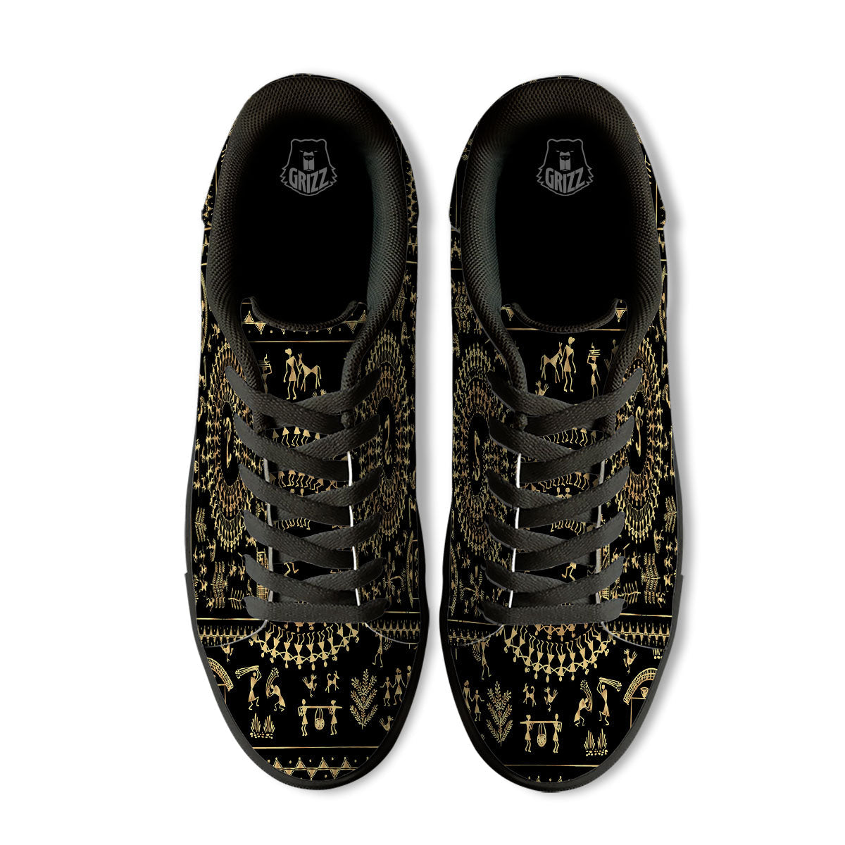 Warli Tribal Gold And Black Print Black Low Top Sneakers-grizzshop