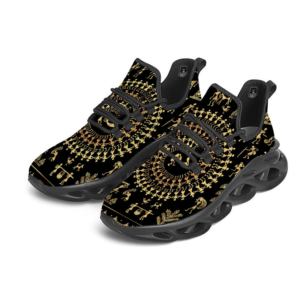 Warli Tribal Gold And Black Print Black Running Shoes-grizzshop