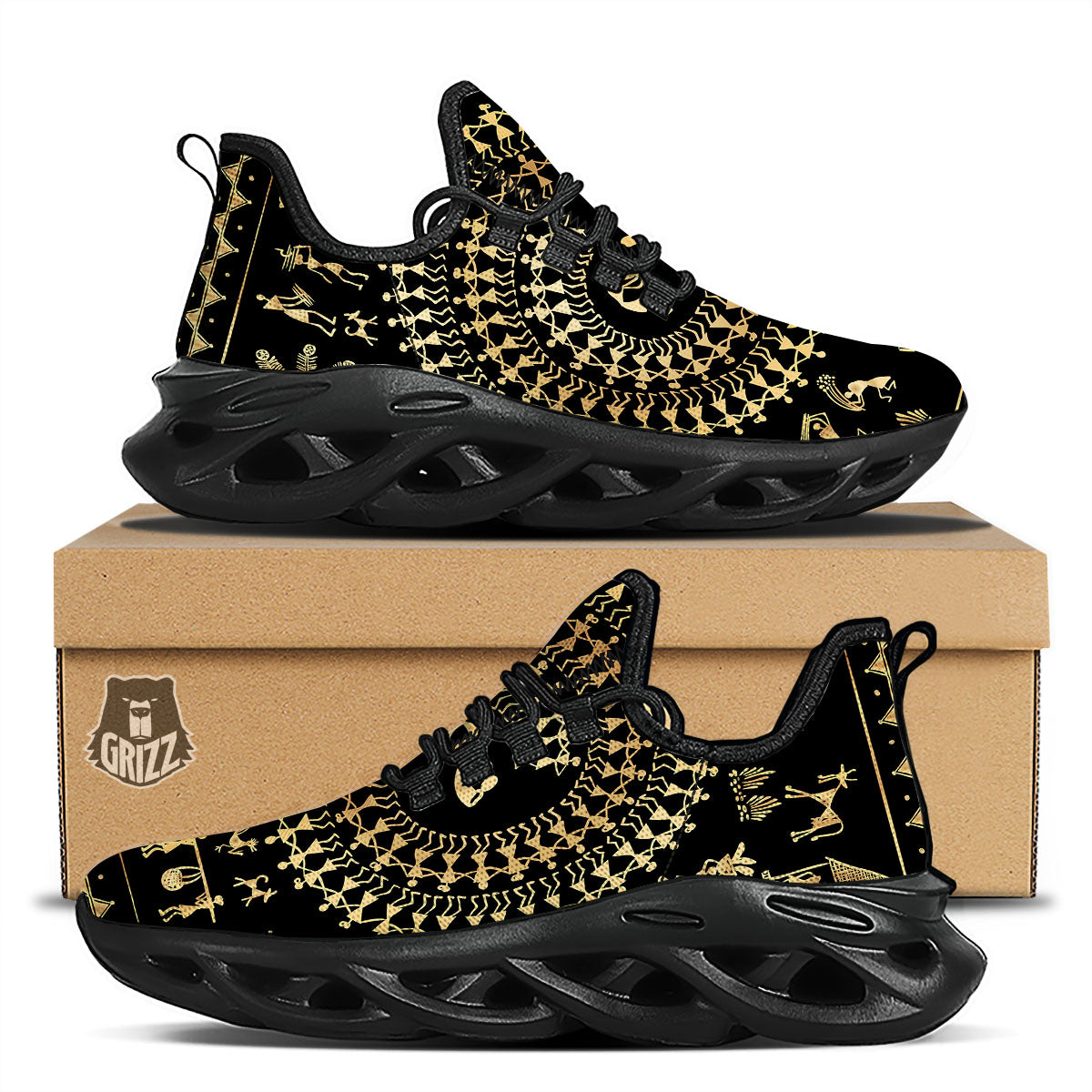Warli Tribal Gold And Black Print Black Running Shoes-grizzshop