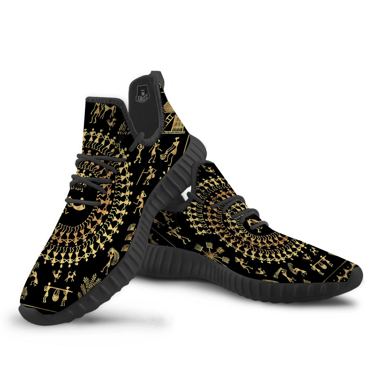 Warli Tribal Gold And Black Print Black Walking Shoes-grizzshop