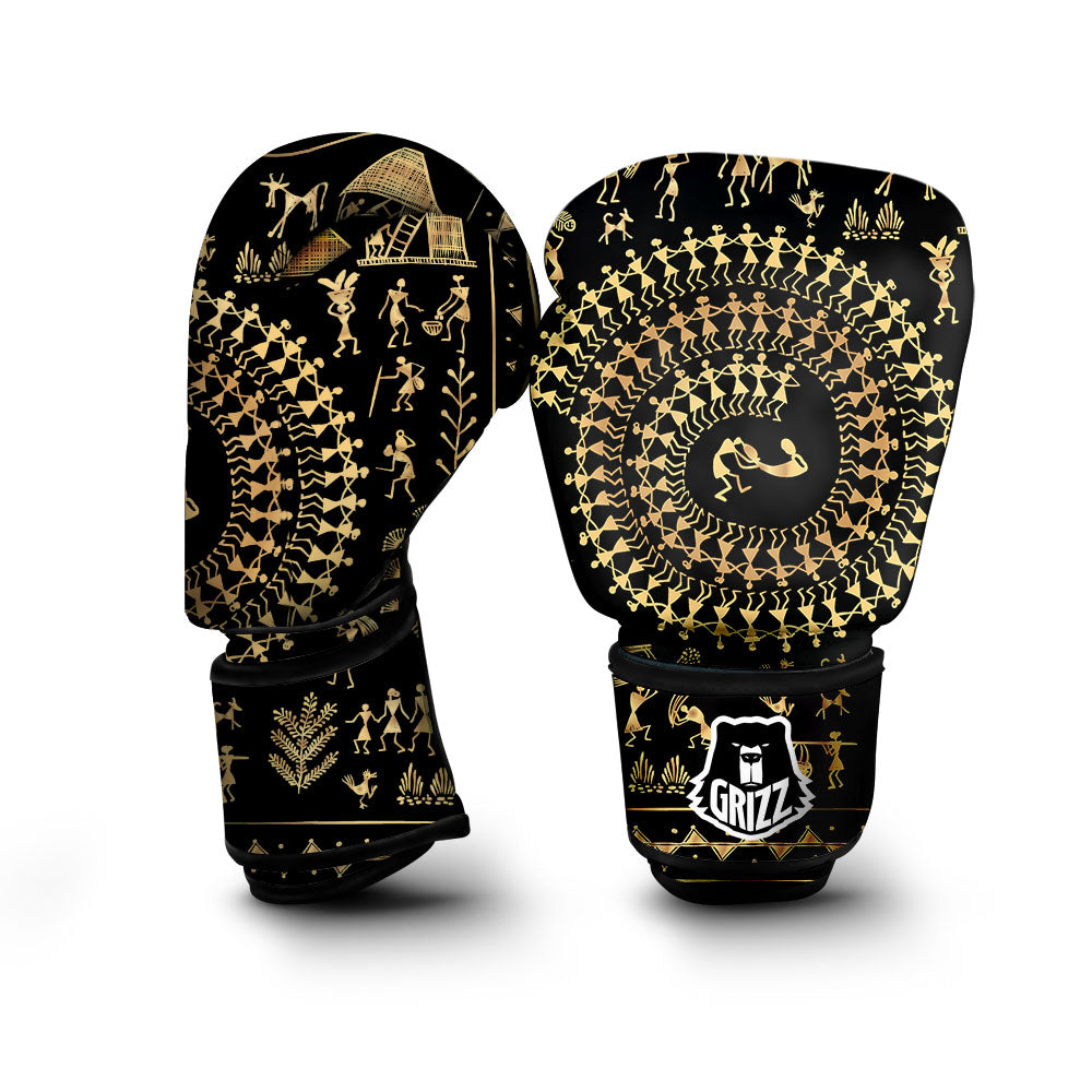 Warli Tribal Gold And Black Print Boxing Gloves-grizzshop