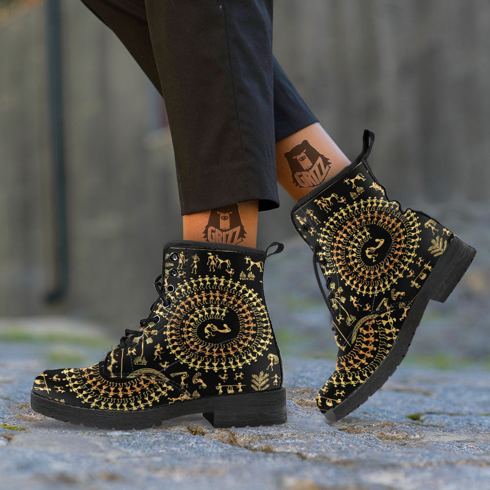 Warli Tribal Gold And Black Print Leather Boots-grizzshop