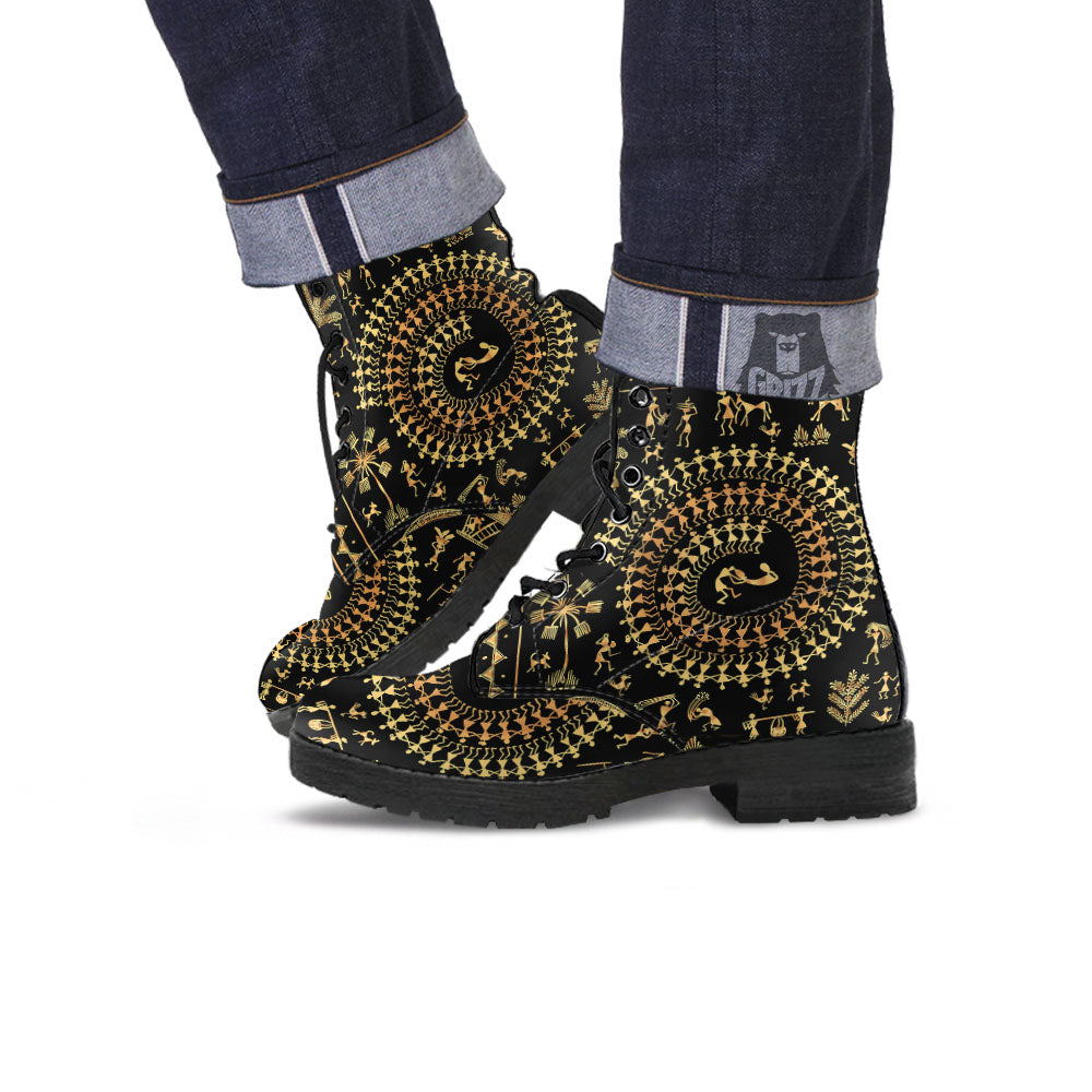 Warli Tribal Gold And Black Print Leather Boots-grizzshop