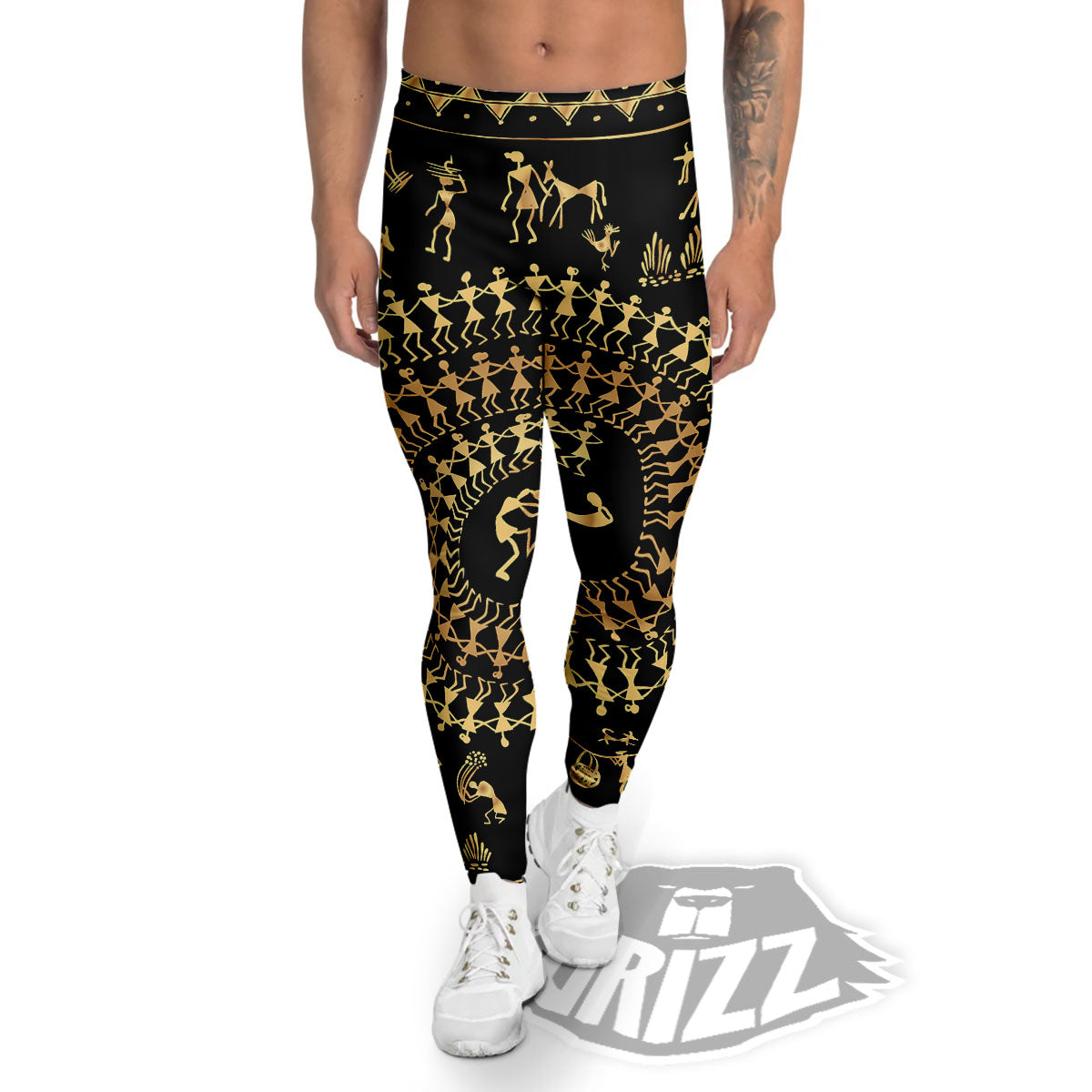 Warli Tribal Gold And Black Print Men's Leggings-grizzshop