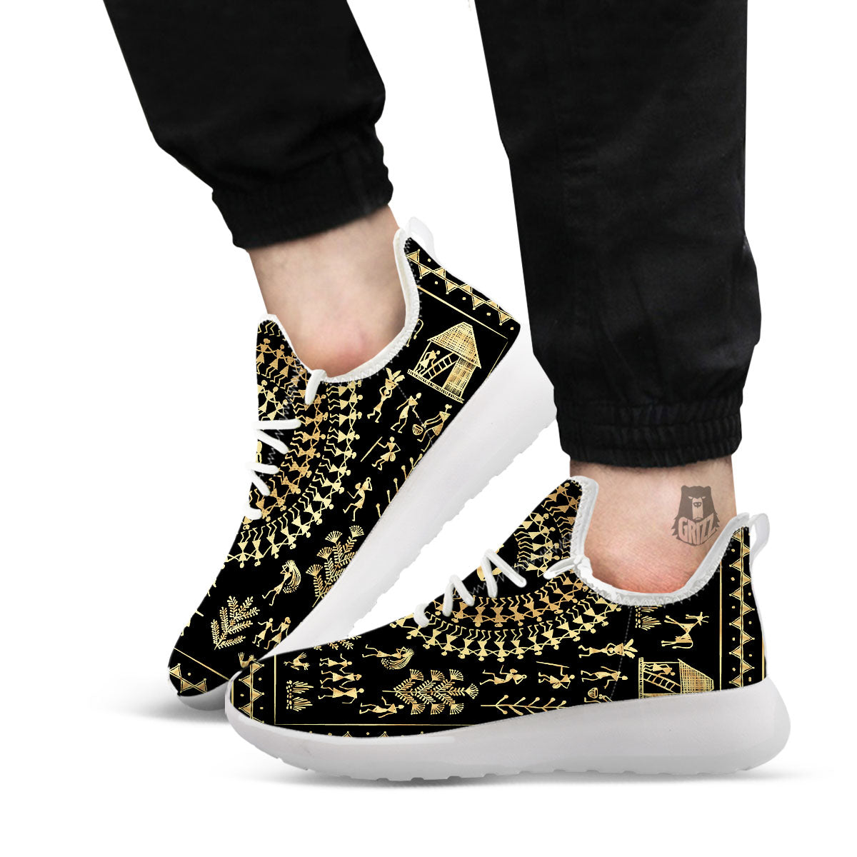 Warli Tribal Gold And Black Print White Athletic Shoes-grizzshop