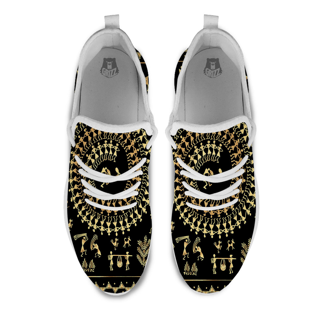 Warli Tribal Gold And Black Print White Athletic Shoes-grizzshop