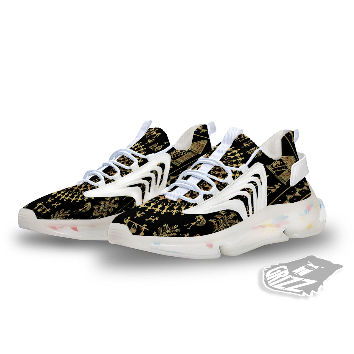 Warli Tribal Gold And Black Print White Gym Shoes-grizzshop