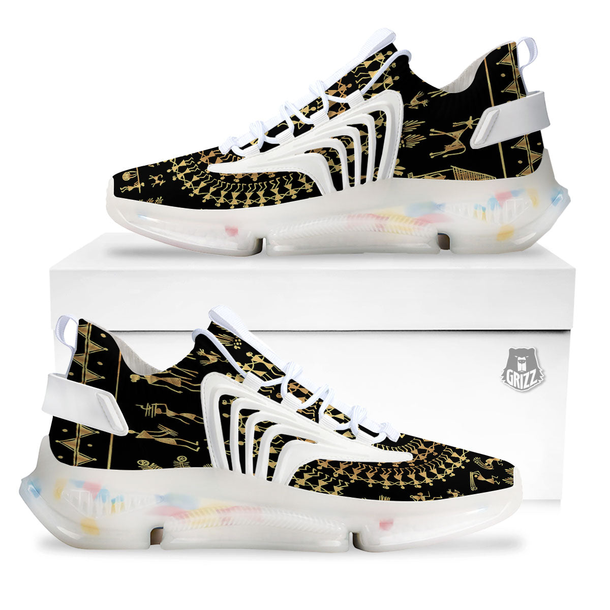 Warli Tribal Gold And Black Print White Gym Shoes-grizzshop