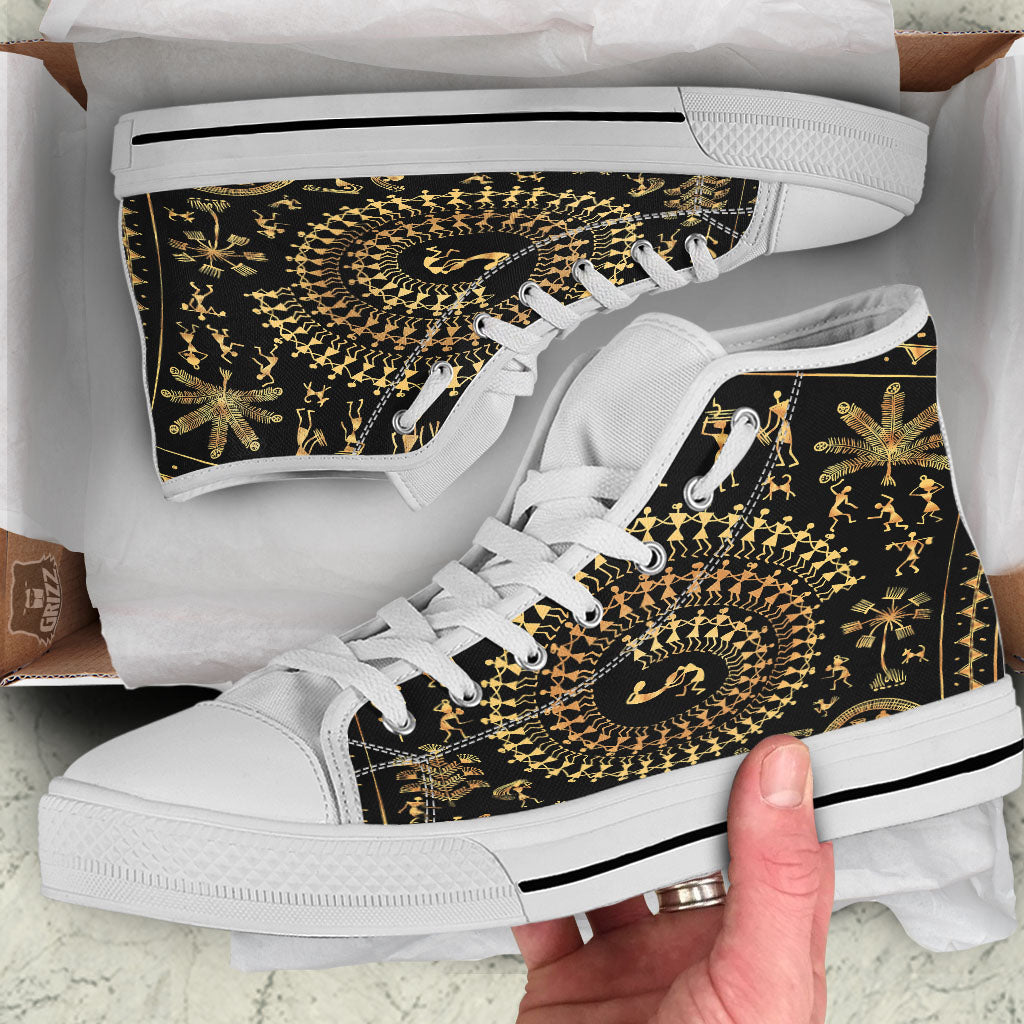 Warli Tribal Gold And Black Print White High Top Shoes-grizzshop