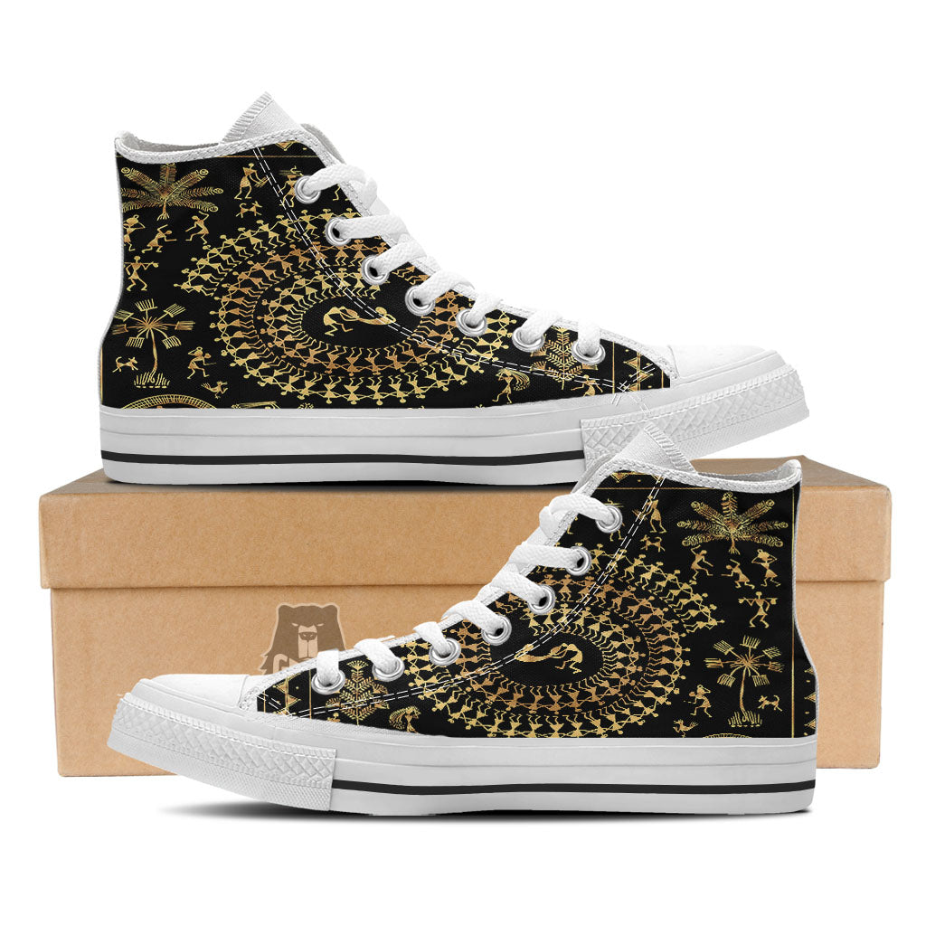 Warli Tribal Gold And Black Print White High Top Shoes-grizzshop