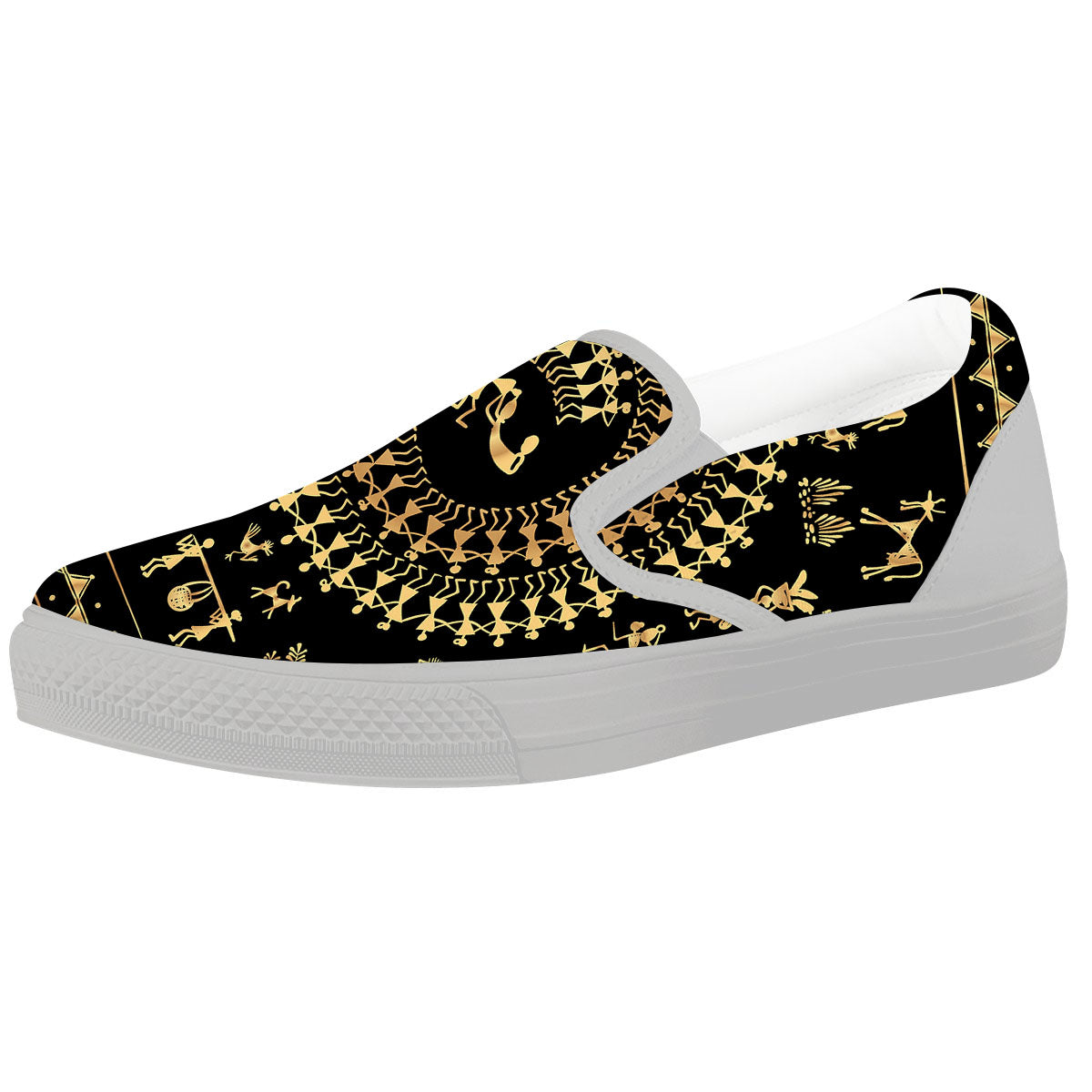 Warli Tribal Gold And Black Print White Slip On Shoes-grizzshop