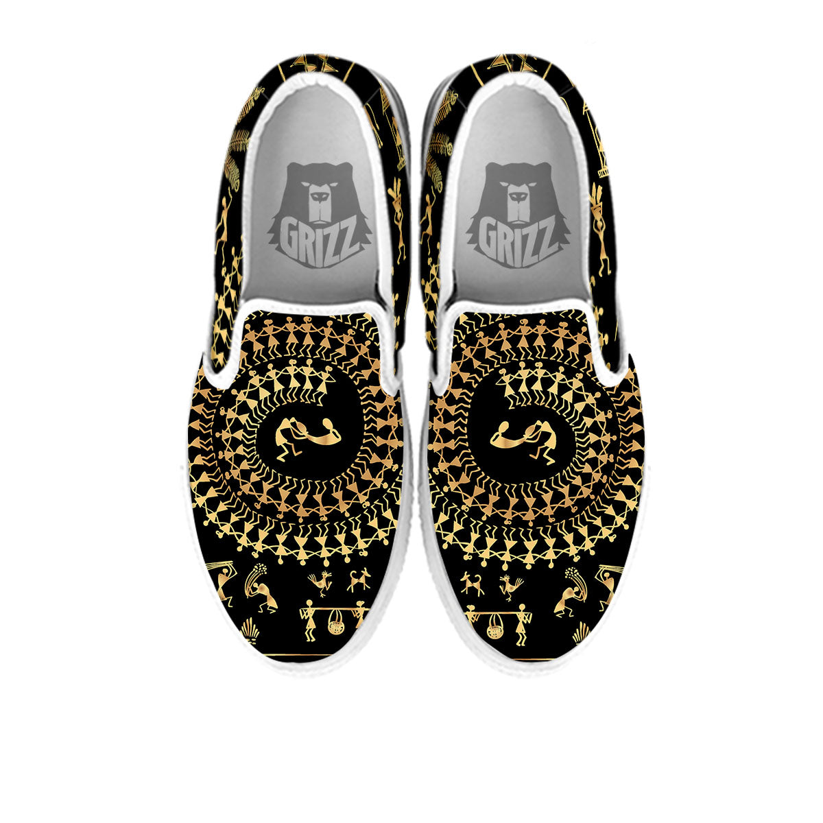 Warli Tribal Gold And Black Print White Slip On Shoes-grizzshop