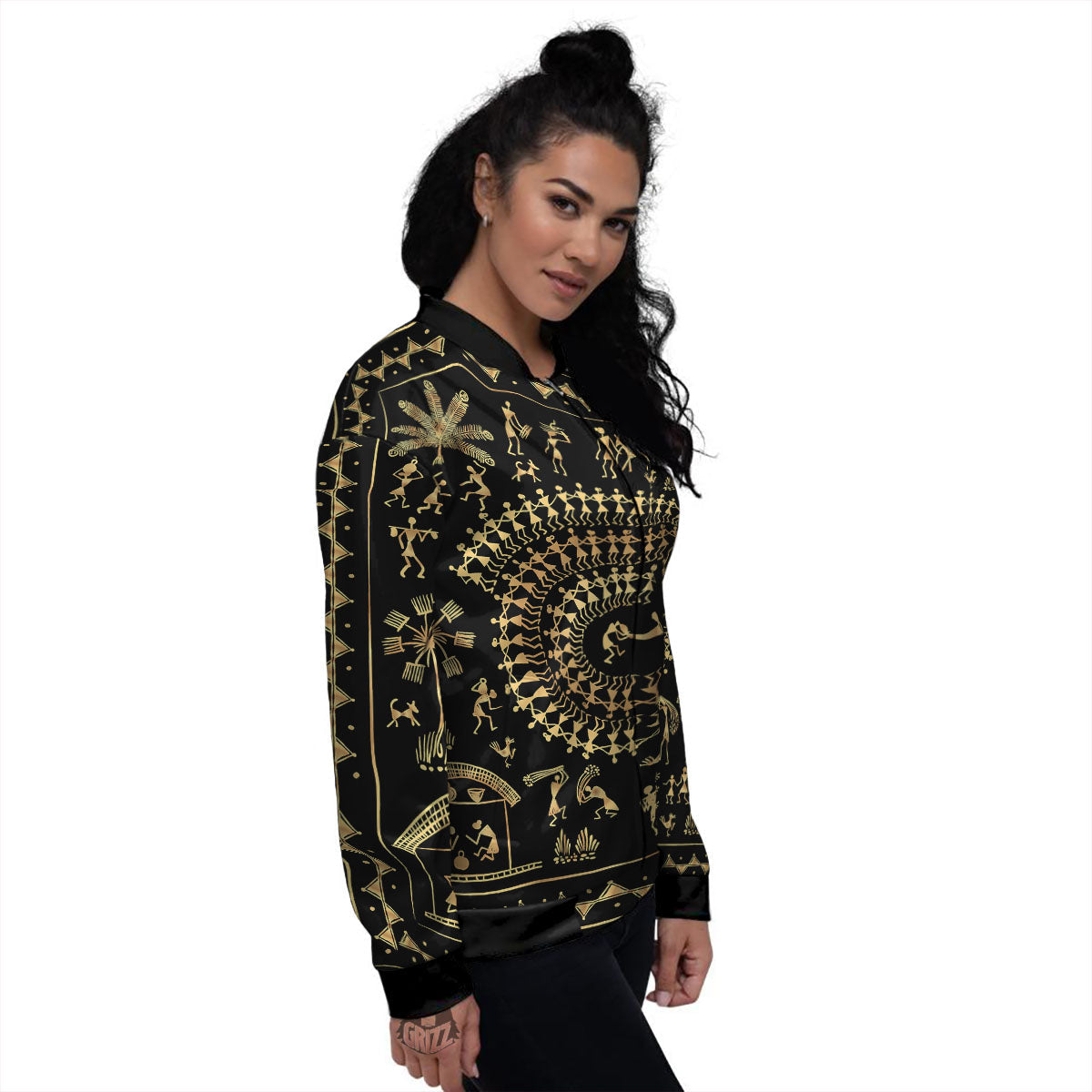 Warli Tribal Gold And Black Print Women's Bomber Jacket-grizzshop