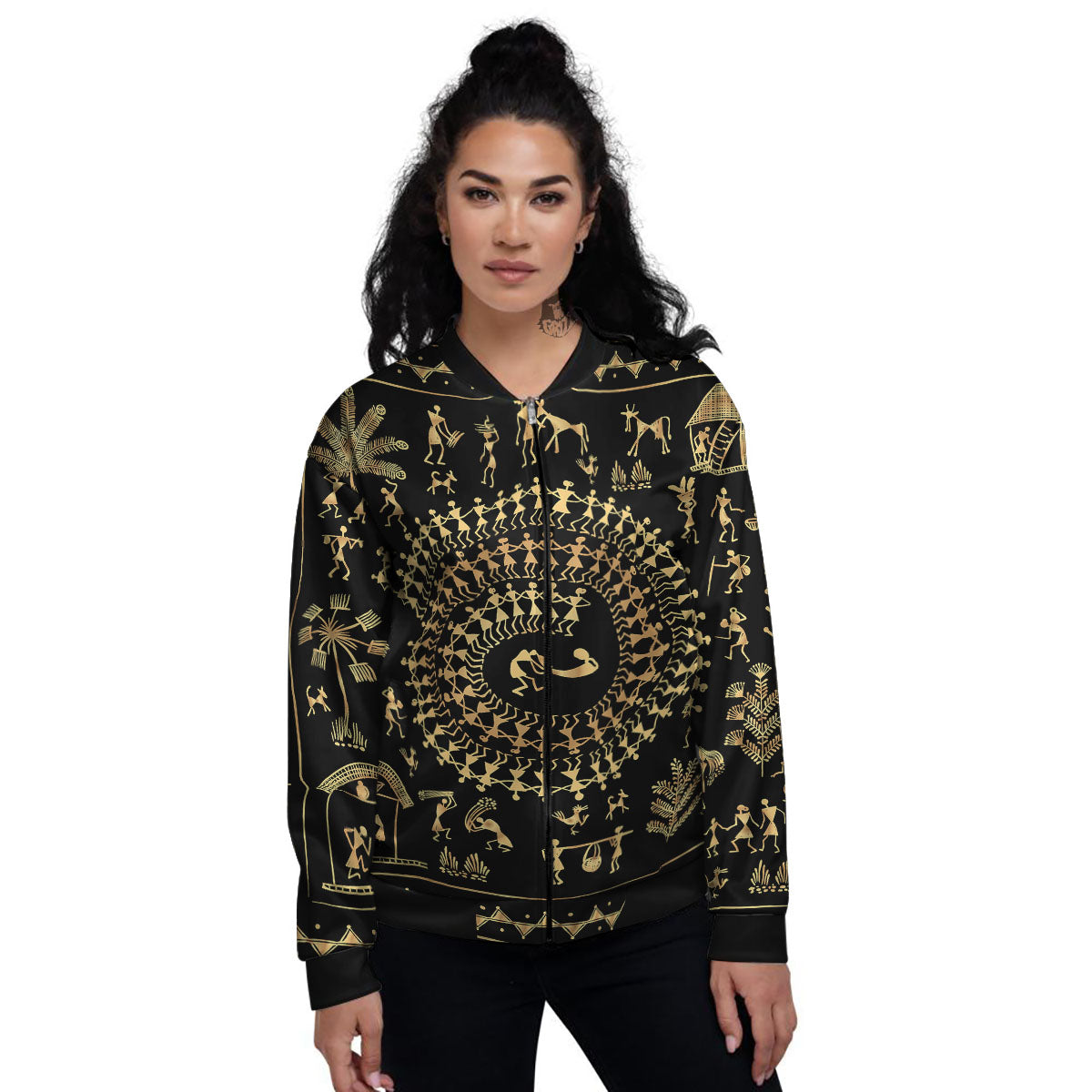 Warli Tribal Gold And Black Print Women's Bomber Jacket-grizzshop