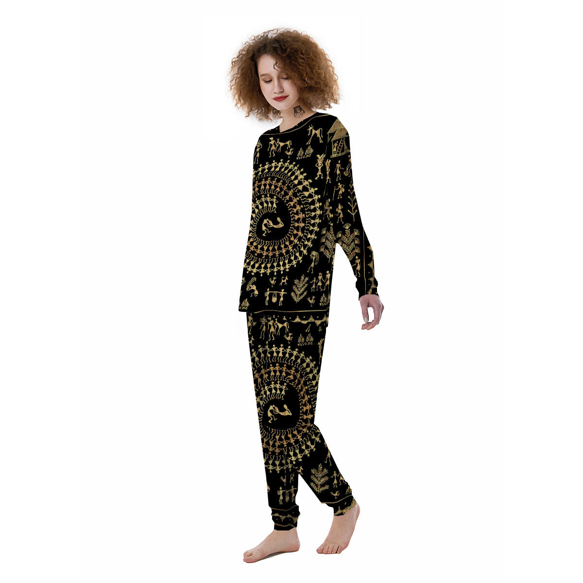 Warli Tribal Gold And Black Print Women's Pajamas-grizzshop