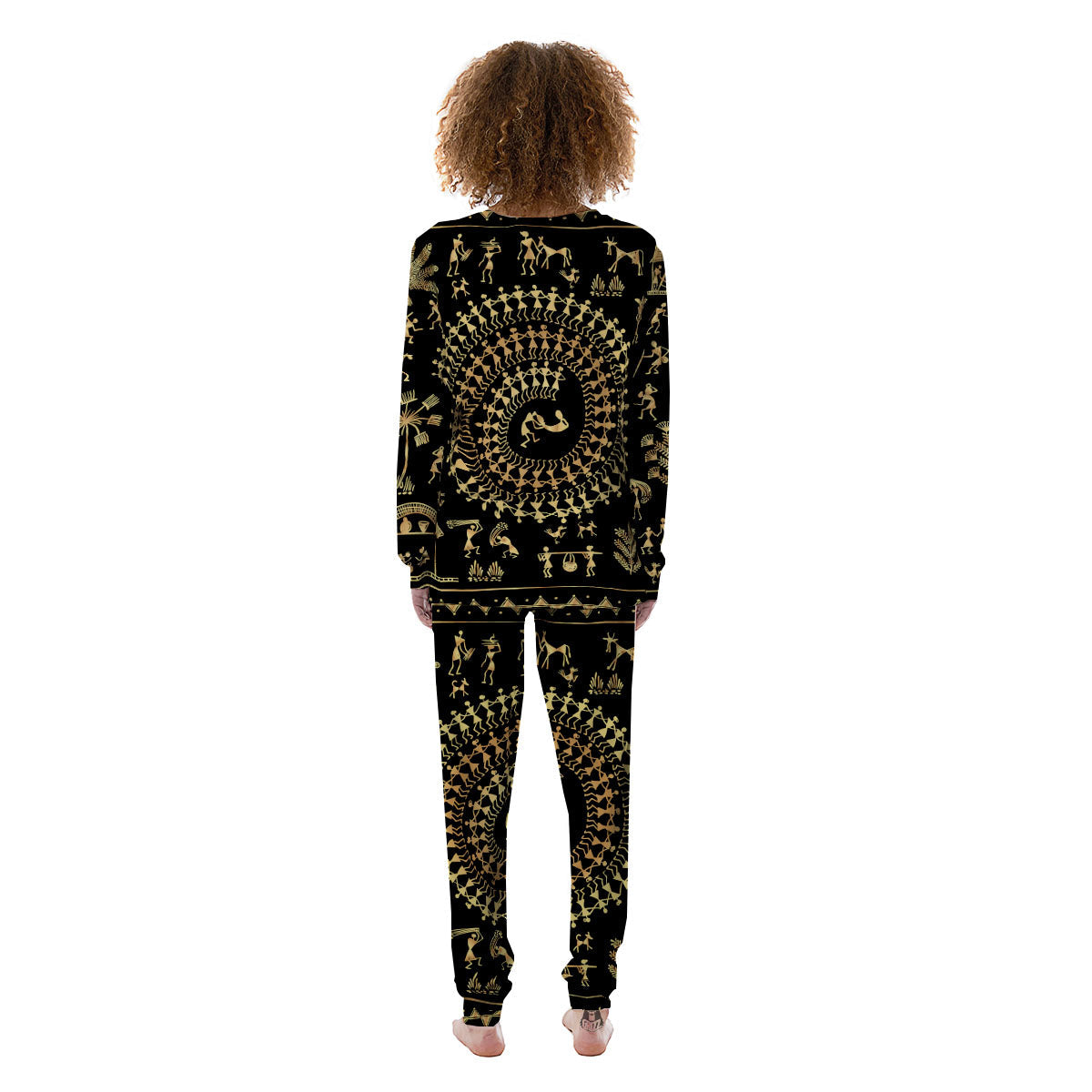 Warli Tribal Gold And Black Print Women's Pajamas-grizzshop