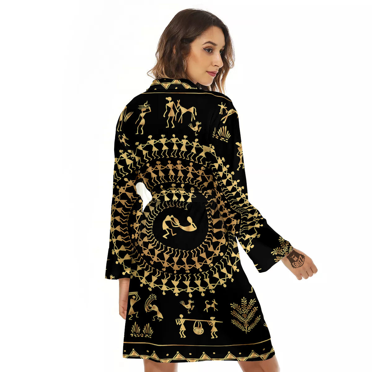 Warli Tribal Gold And Black Print Women's Robe-grizzshop