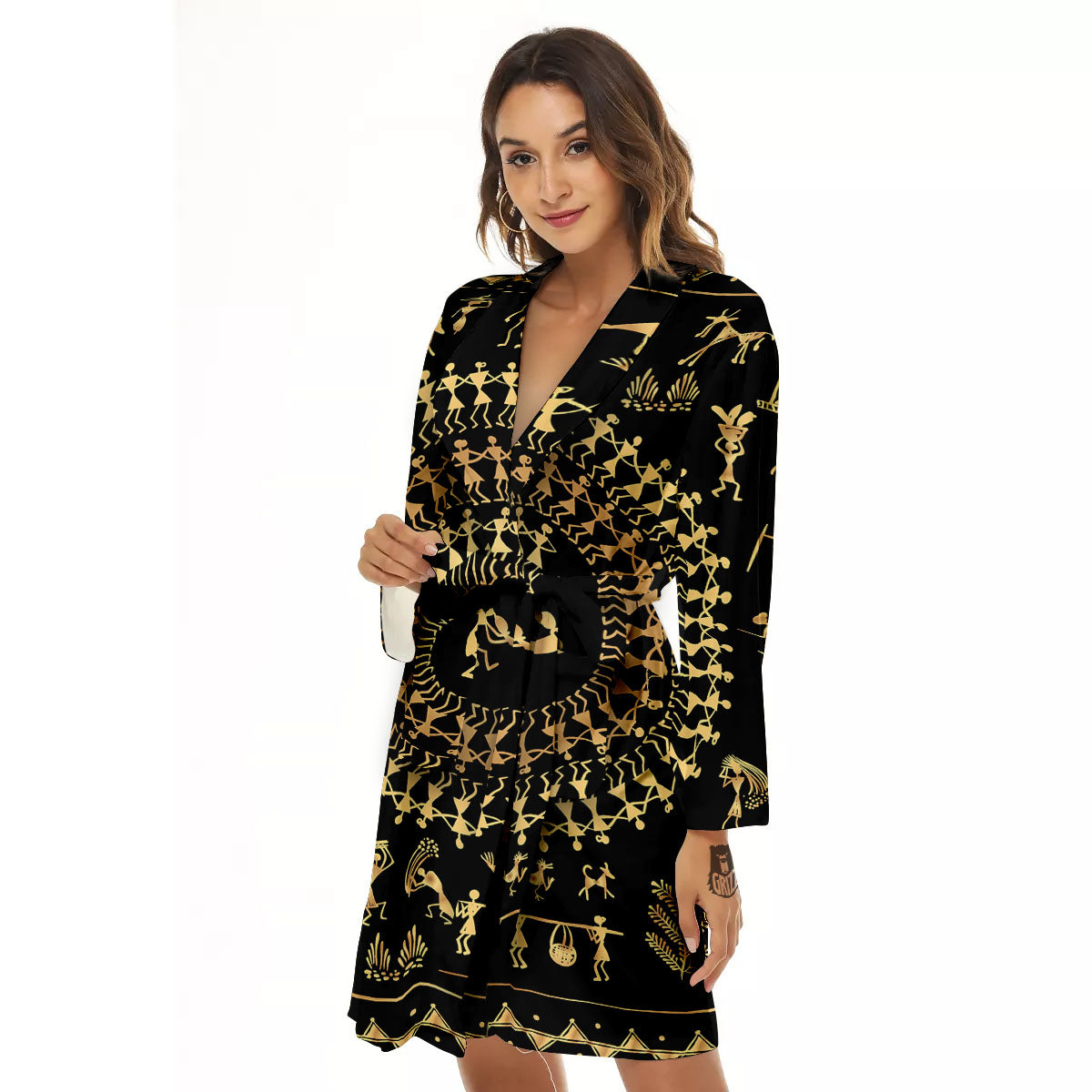 Warli Tribal Gold And Black Print Women's Robe-grizzshop