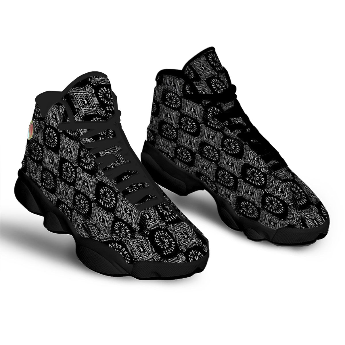 Warli Tribal White And Black Print Black Basketball Shoes-grizzshop