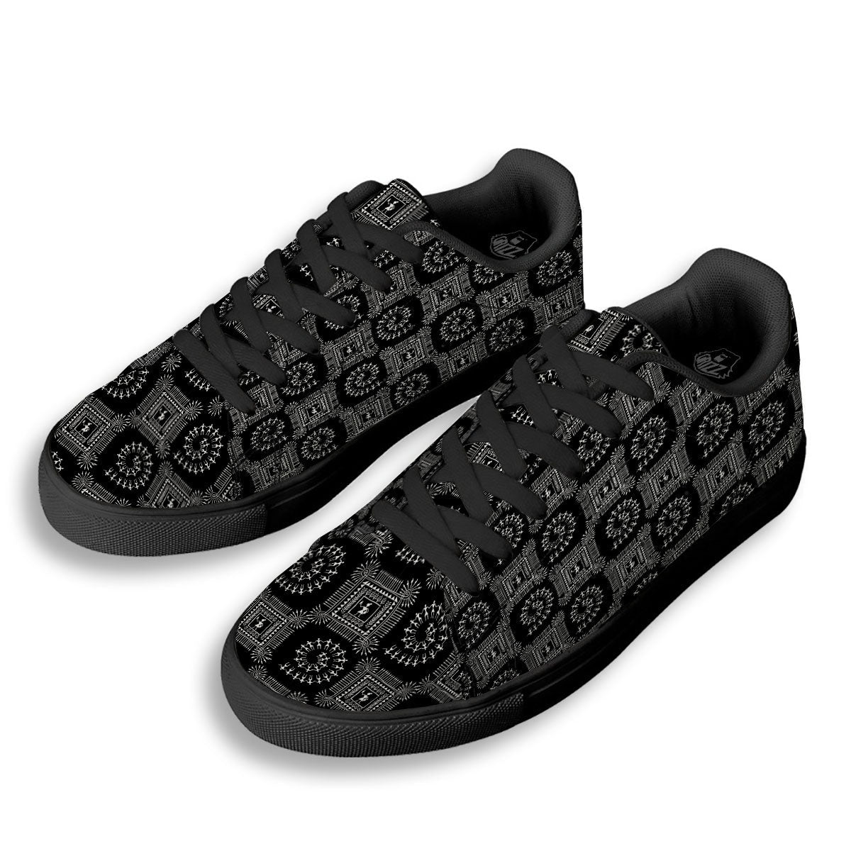 Warli Tribal White And Black Print Black Low Top Sneakers-grizzshop