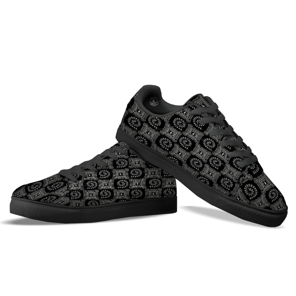 Warli Tribal White And Black Print Black Low Top Sneakers-grizzshop