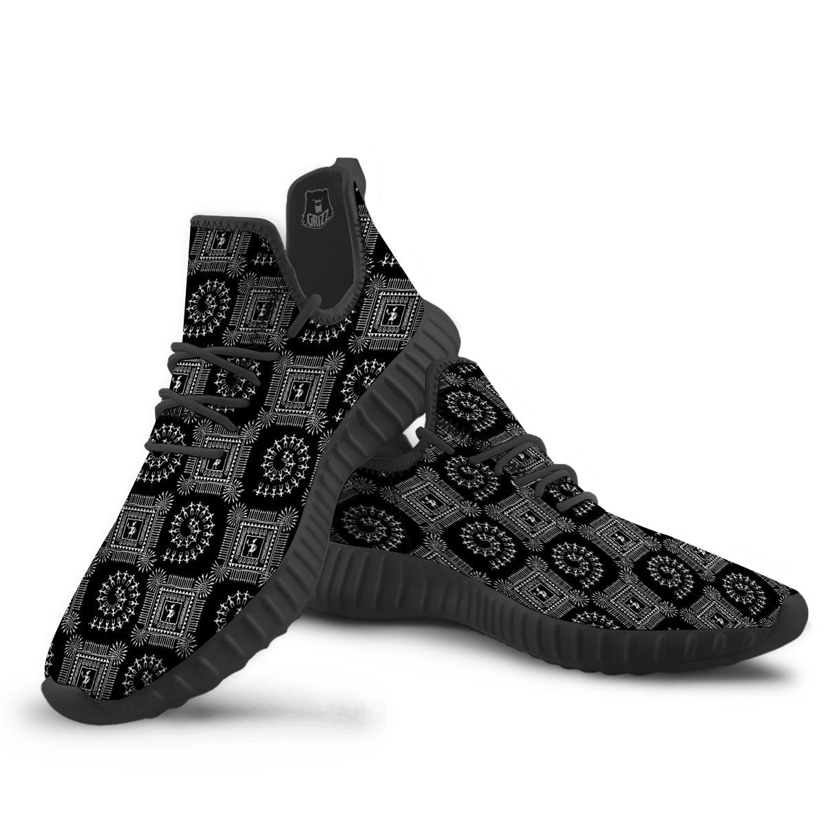 Warli Tribal White And Black Print Black Walking Shoes-grizzshop