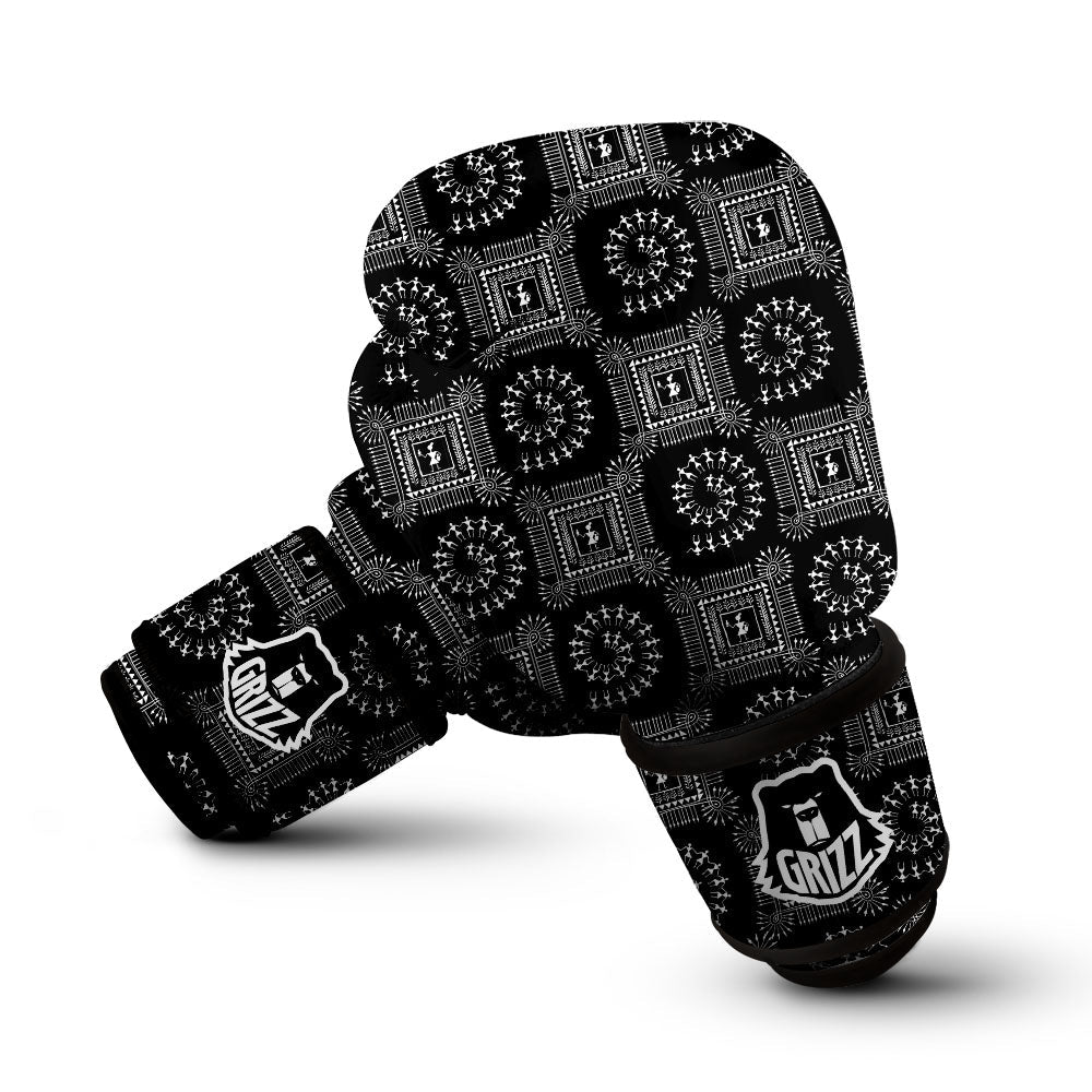Warli Tribal White And Black Print Boxing Gloves-grizzshop