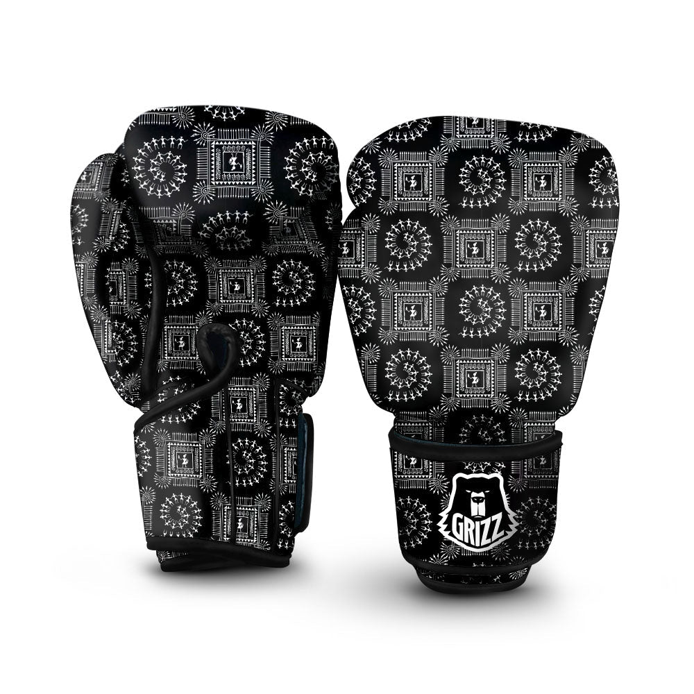 Warli Tribal White And Black Print Boxing Gloves-grizzshop