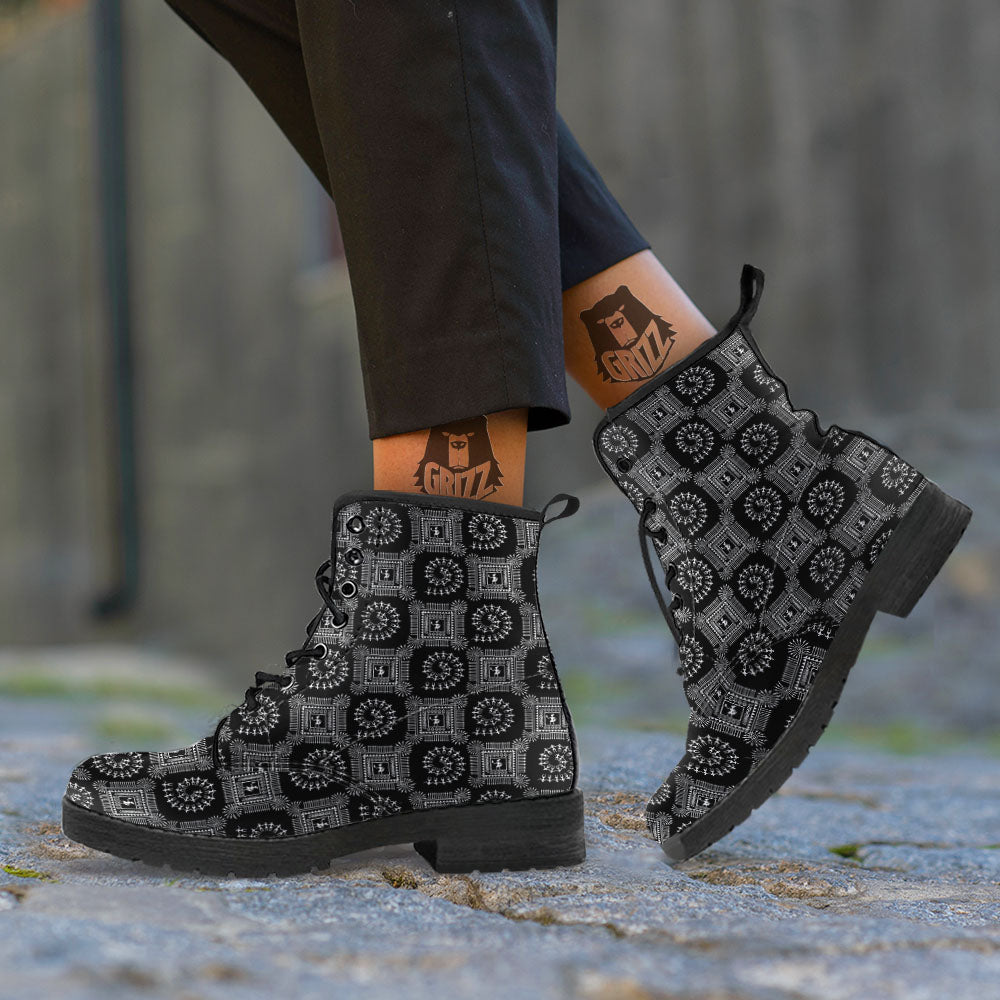 Warli Tribal White And Black Print Leather Boots-grizzshop
