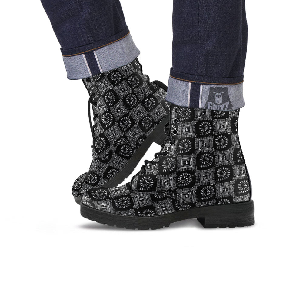 Warli Tribal White And Black Print Leather Boots-grizzshop