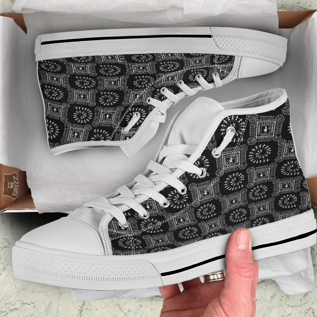 Warli Tribal White And Black Print White High Top Shoes-grizzshop