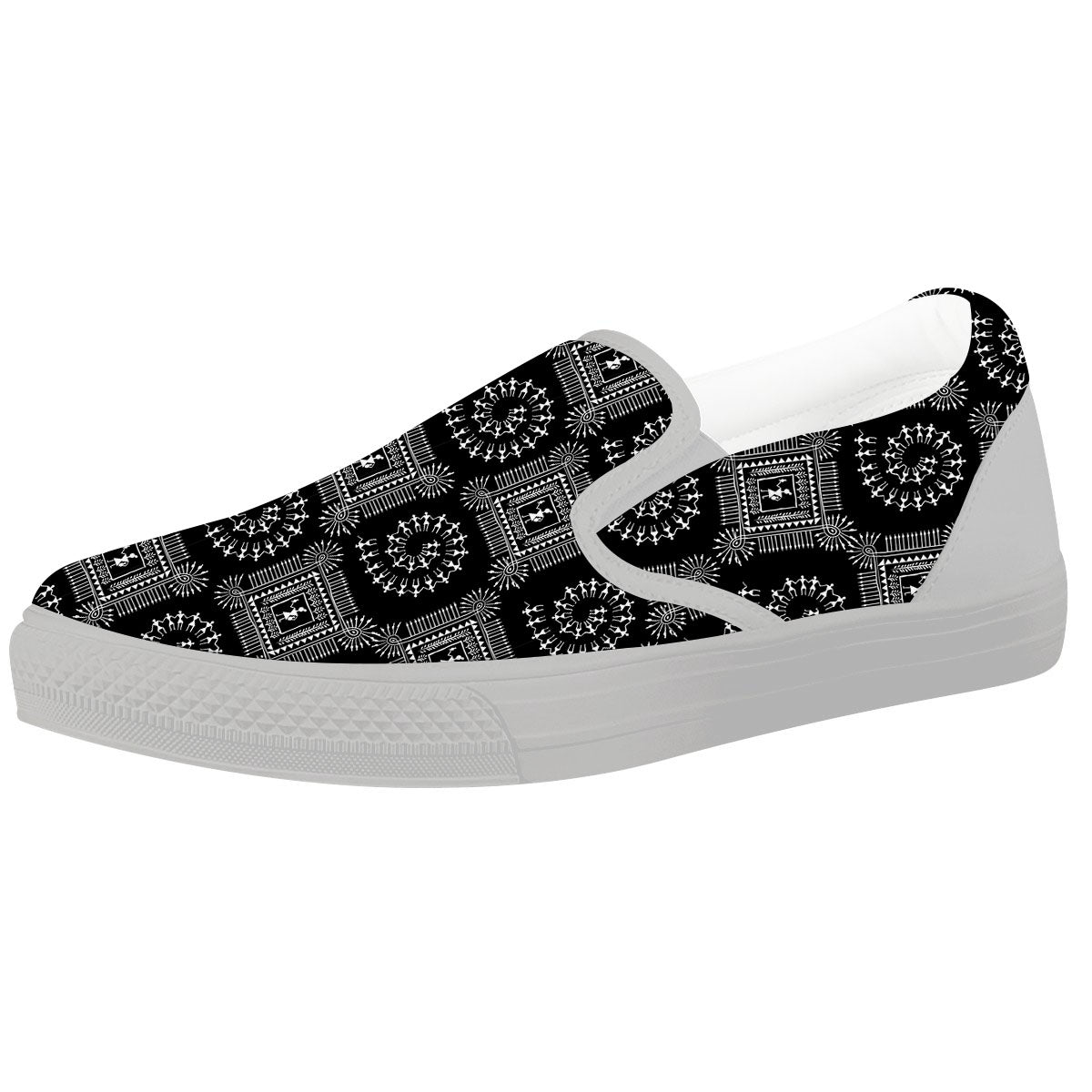 Warli Tribal White And Black Print White Slip On Shoes-grizzshop