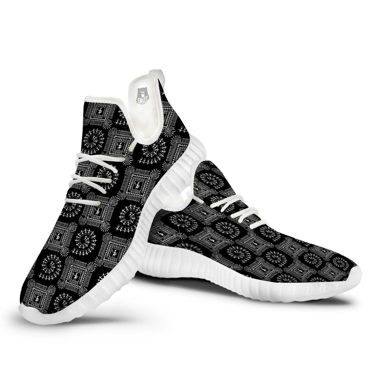 Warli Tribal White And Black Print White Walking Shoes-grizzshop