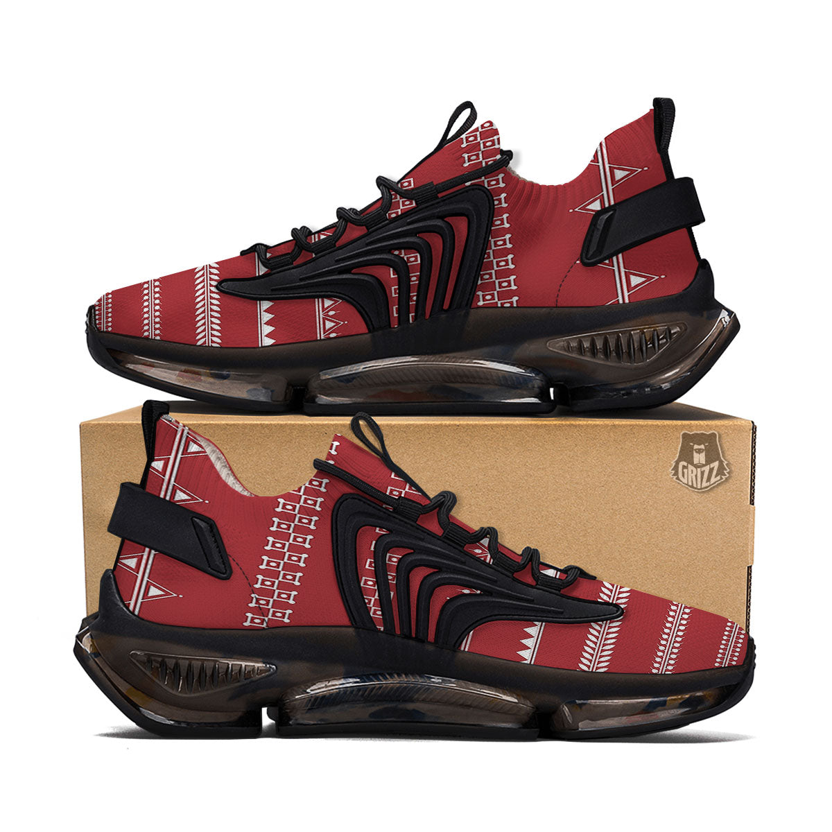 Warli Tribal White And Red Print Black Gym Shoes-grizzshop