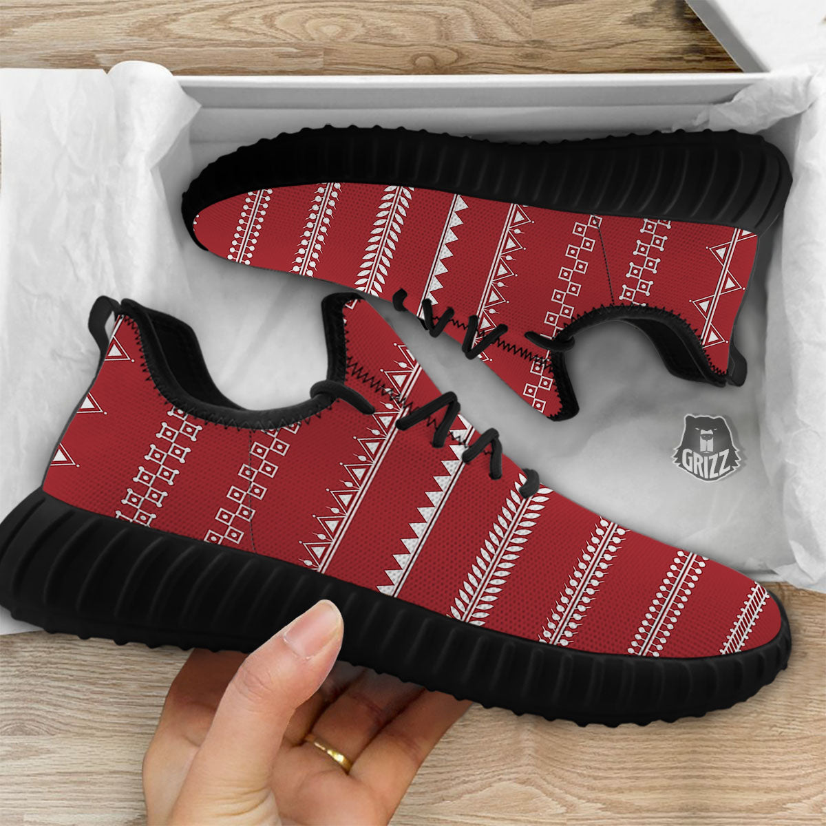 Warli Tribal White And Red Print Black Walking Shoes-grizzshop