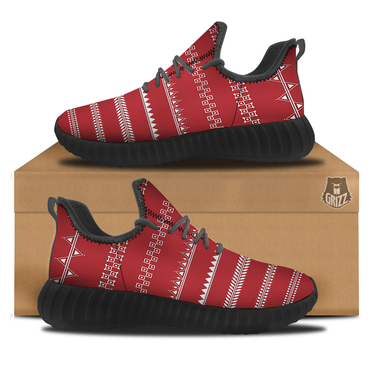Warli Tribal White And Red Print Black Walking Shoes-grizzshop