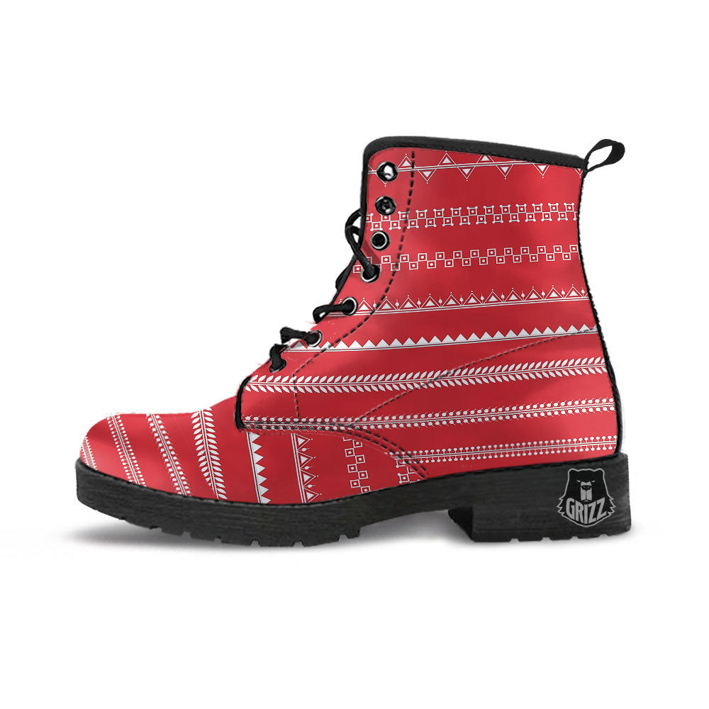 Warli Tribal White And Red Print Leather Boots-grizzshop