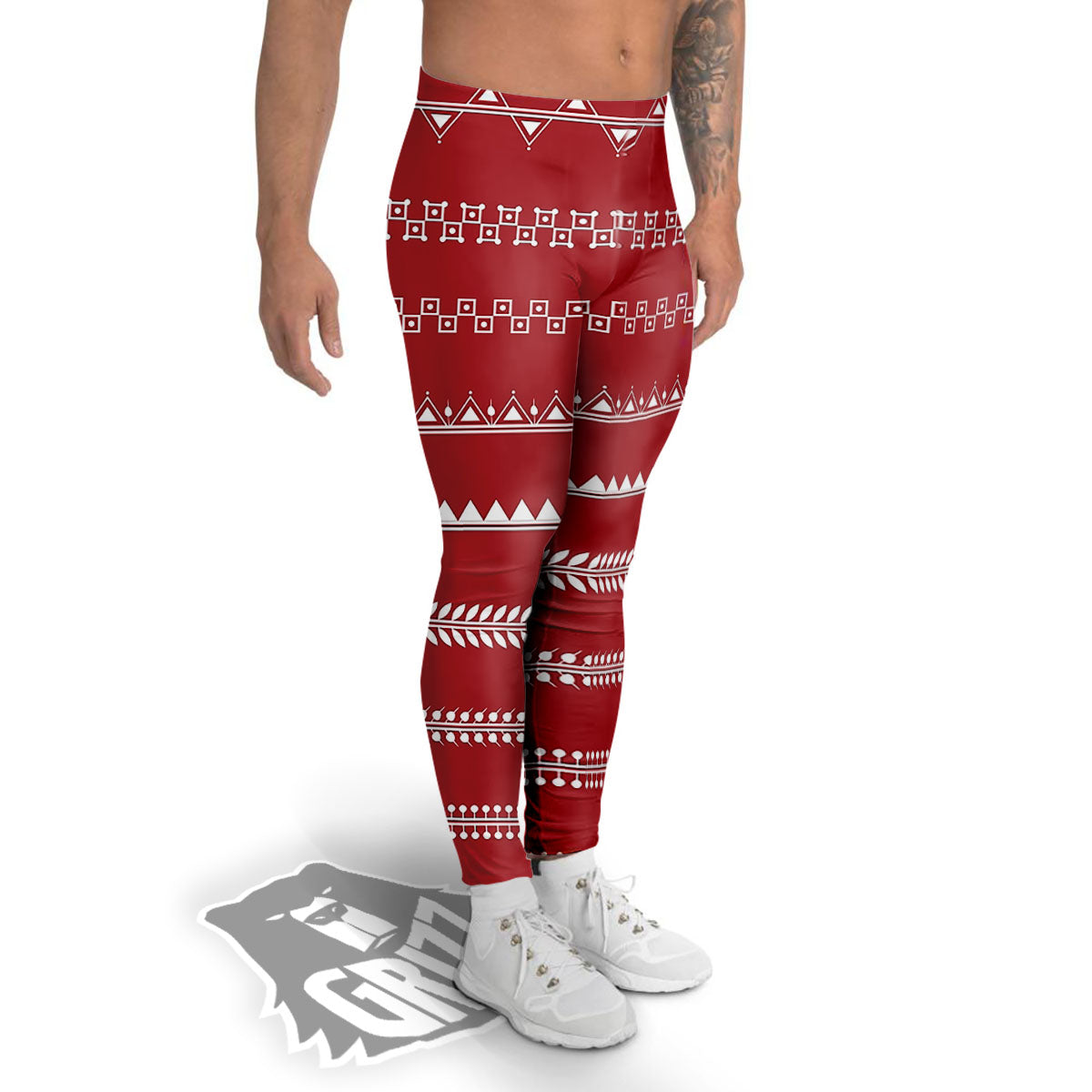 Warli Tribal White And Red Print Men's Leggings-grizzshop