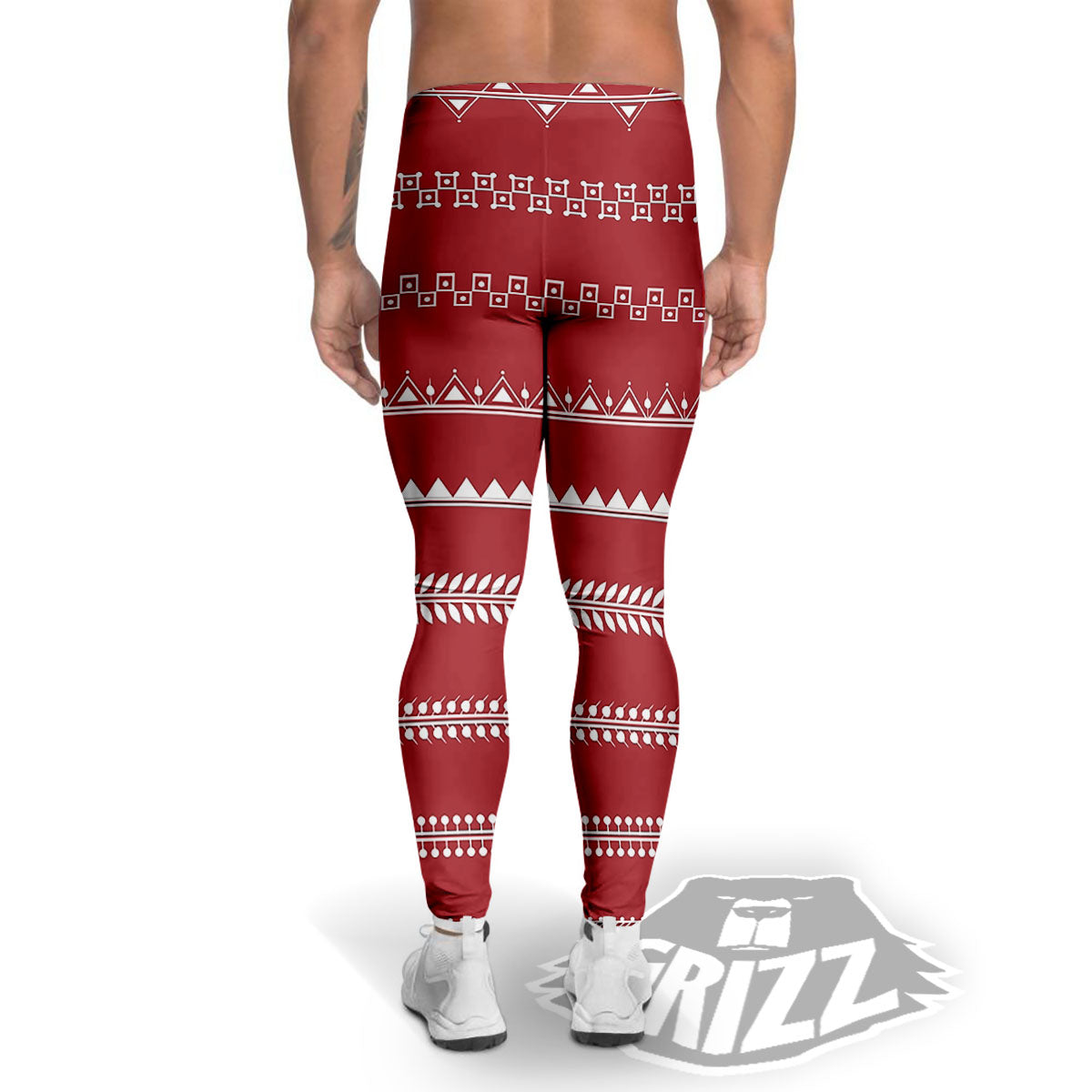 Warli Tribal White And Red Print Men's Leggings-grizzshop