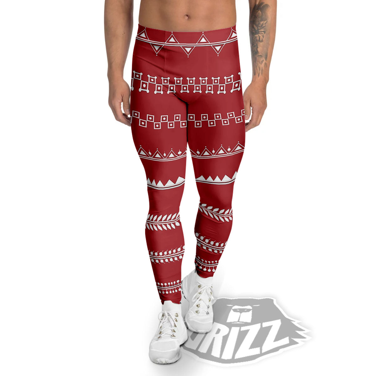 Warli Tribal White And Red Print Men's Leggings-grizzshop